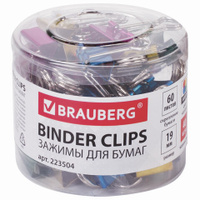 Зажимы для бумаг BRAUBERG Комплект 40 шт. 19 мм на 60 листов цвет металлик пластиковый цилиндр 223504
