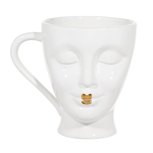 Кружка, 550 мл, керамика, белая, Лицо с золотистыми губами, Face