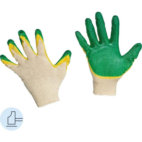 Перчатки рабочие защитные хлопковые трикотажные с двойным латексным покрытием белые/зеленые (13 класс, универсальный раз