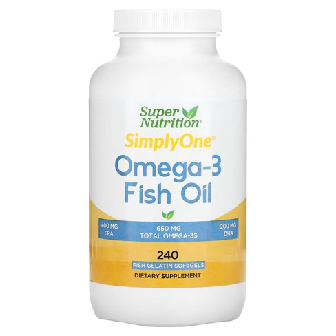 Рыбий жир Super Nutrition с омега-3 650 мг, 240 рыбных мягких таблеток (650 мг в каждой капсуле)