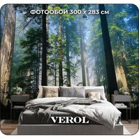 Флизелиновые фотообои Verol лес туман свет, 300x270 см, зеленый, 3 полосы