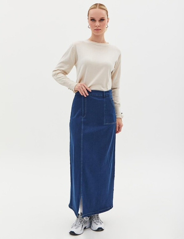 Джинсовая юбка с мини-прорезями и карманами, темно-синяя KYR