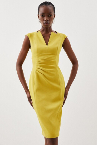 Платье миди-карандаш с воротником-конвертом из структурированного крепа Karen Millen, желтый