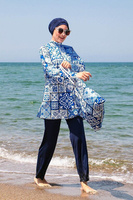 Купальник с веревочной завязкой, 4-х частей, темно-синий, с плиточным узором, полностью закрытый купальник в хиджабе, 19