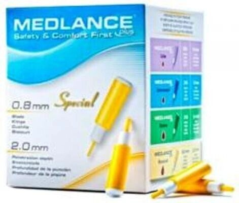 Ланцет Medlance Plus Special. Лезвие 0,8 мм глубина прокола 2,0 мм жёлтый